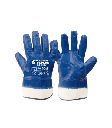 Arbeitshandschuhe MASTERTOOL aus Baumwolle mit blauer Nitrilbeschichtung und Stoffstulpe 10,5" 83-0407