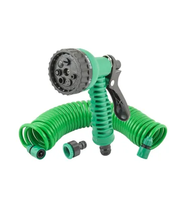 Zavlažovacia súprava MASTERTOOL 5 ks (pištoľ 7 funkcií, špirálová hadica 10 m, adaptér 1/2"-3/4" - samica, koncovka 3/8" - 2 ks)